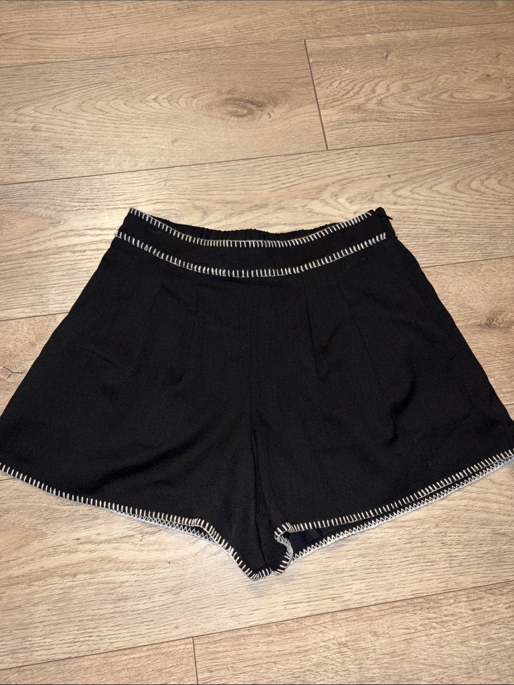 CROSBY by Mollie Burch Black High-Waist Shorts with White Stitch Trim